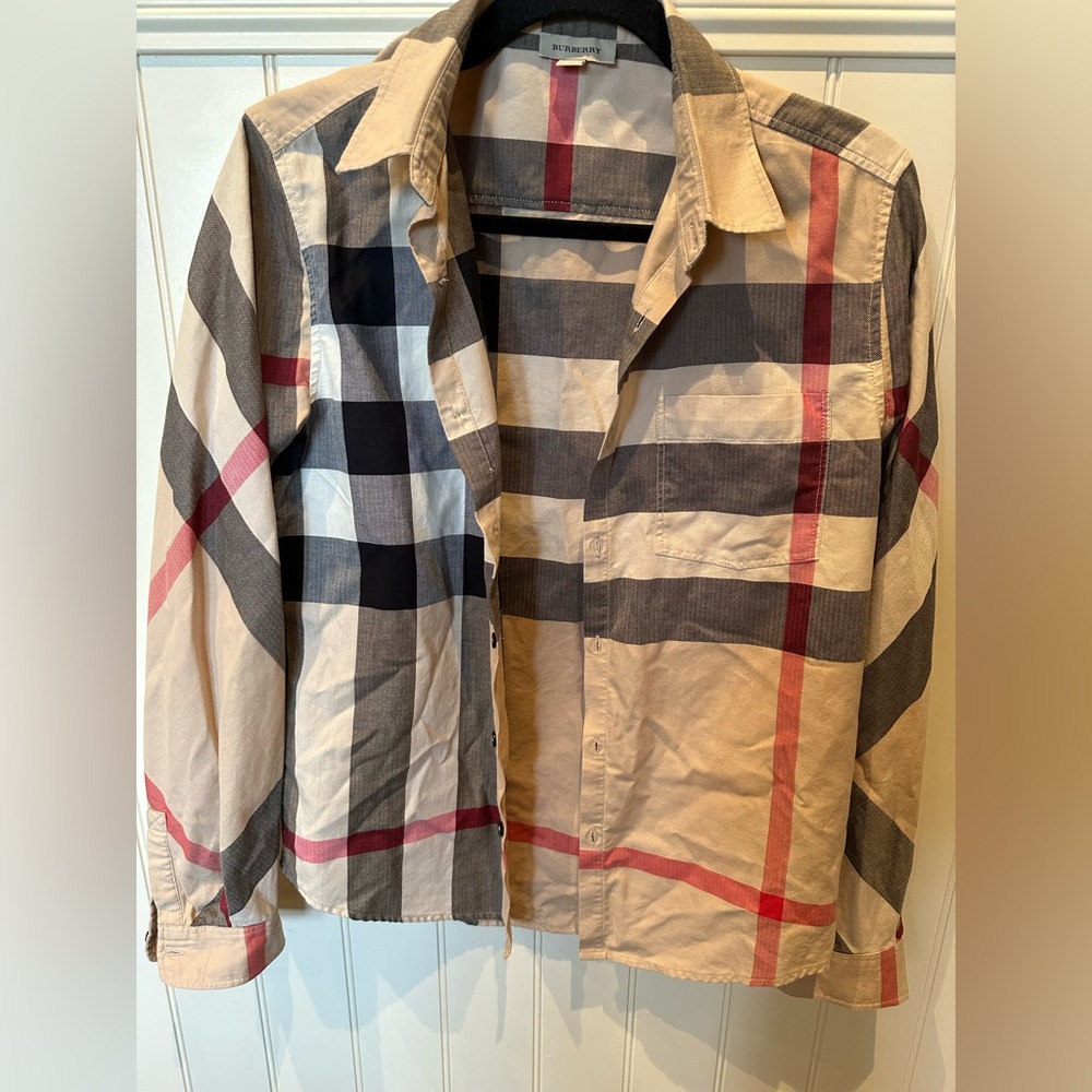 BURBERRY CHILDREN Boys SIZE 14-16 Tan Black & Red Flannel Button Down Sh…